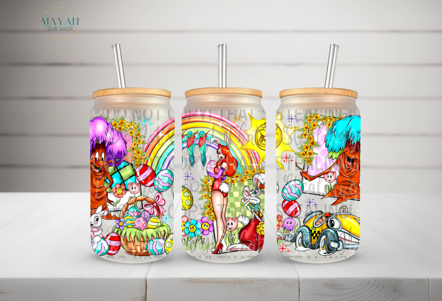 Easter toon frosted glass can. -Mayan Sub Shop