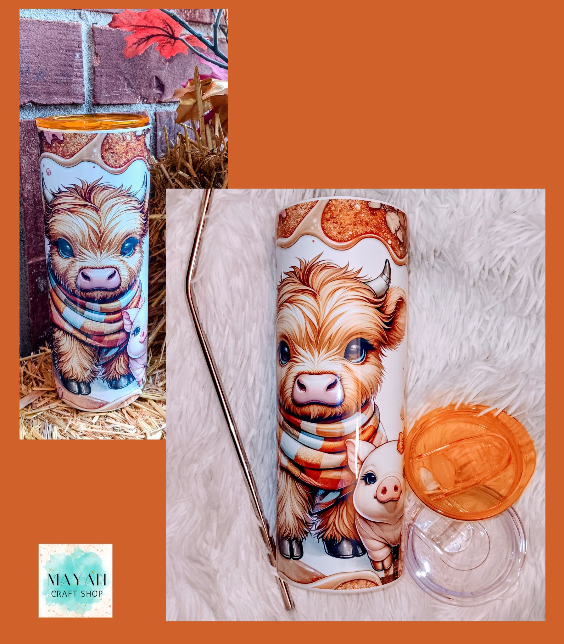 Fall cow and pig tumbler sample. -Mayan Craft Shop