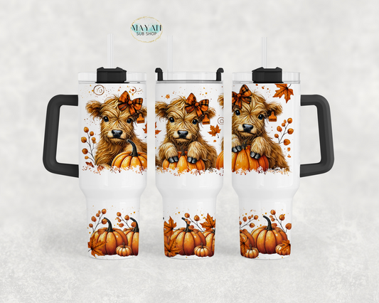 Fall highland cow 40 oz tumbler. -Mayan Sub Shop 