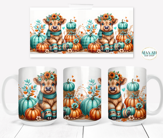 Fall highland cow coffee mug. -Mayan Sub Shop