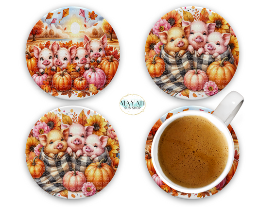 Fall pigs coasters. -Mayan Sub Shop