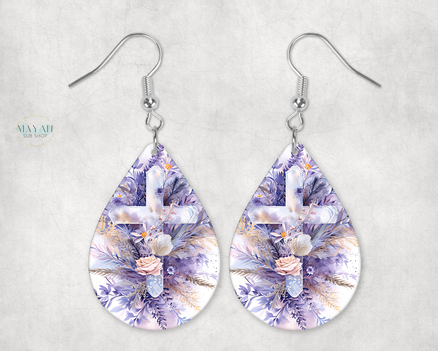 Purple floral cross earrings. -Mayan Sub Shop