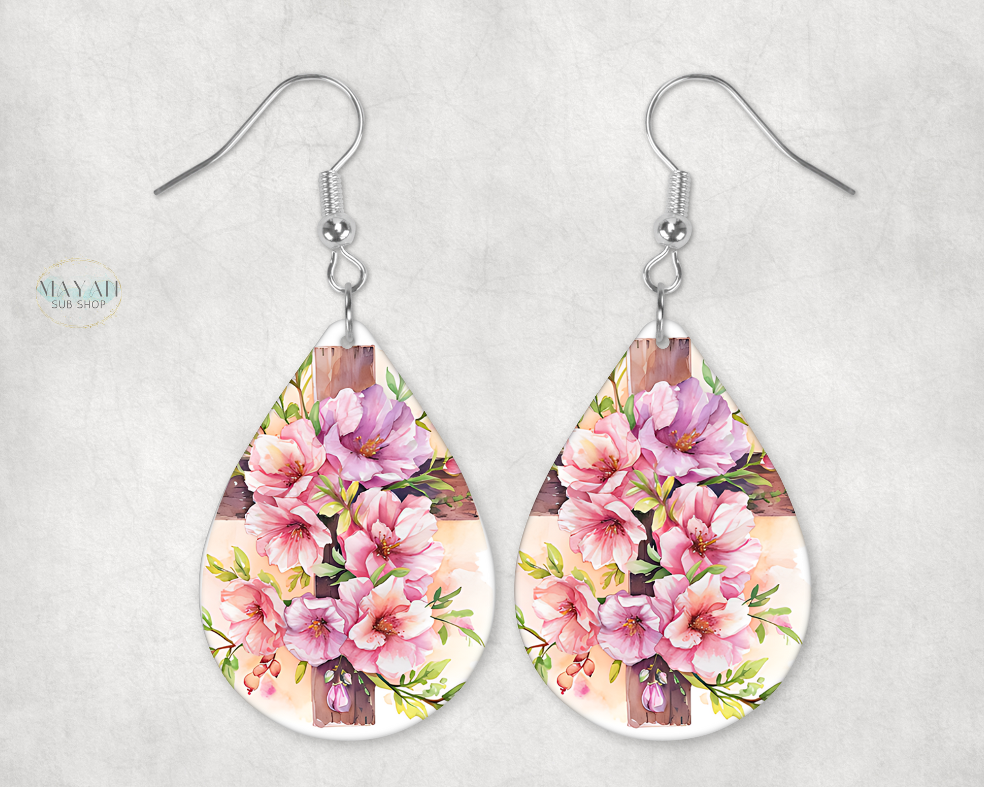 Pink floral cross earrings. -Mayan Sub Shop