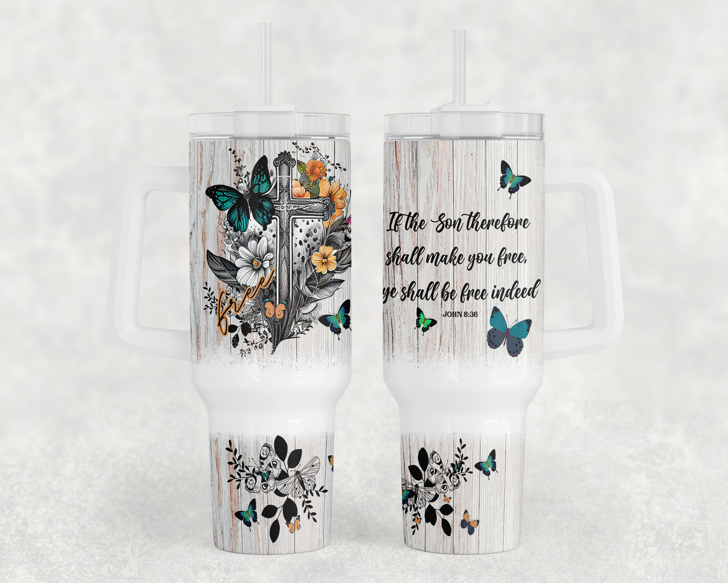 Free tumbler with handle with butterflies, flowers, and cross as design