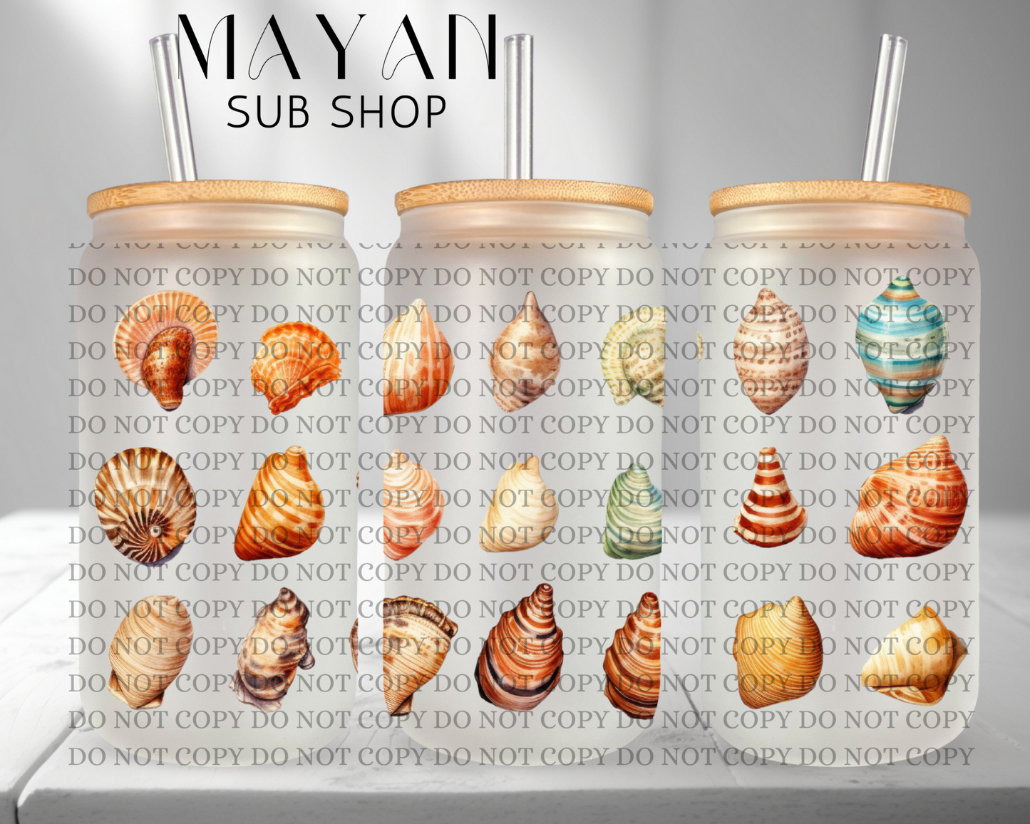 Seashells 16 oz. frosted glass can. - Mayan Sub Shop