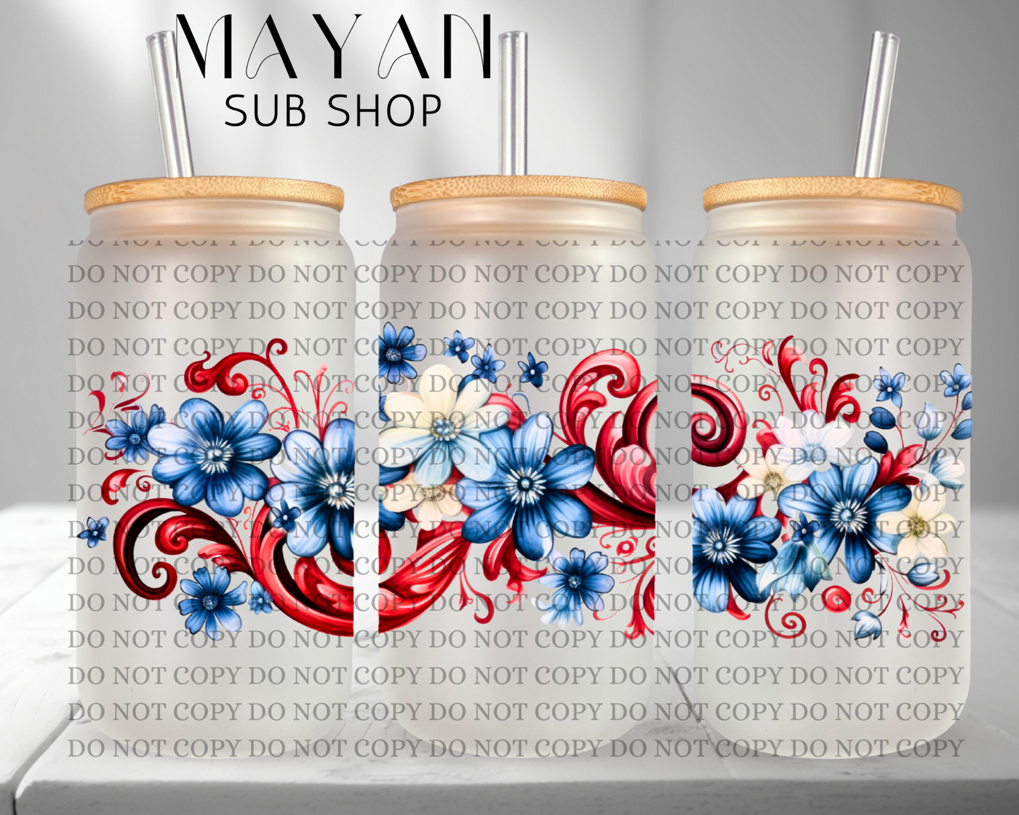 Red, white, and blue flowers 16 oz. frosted glass can. - Mayan Sub Shop