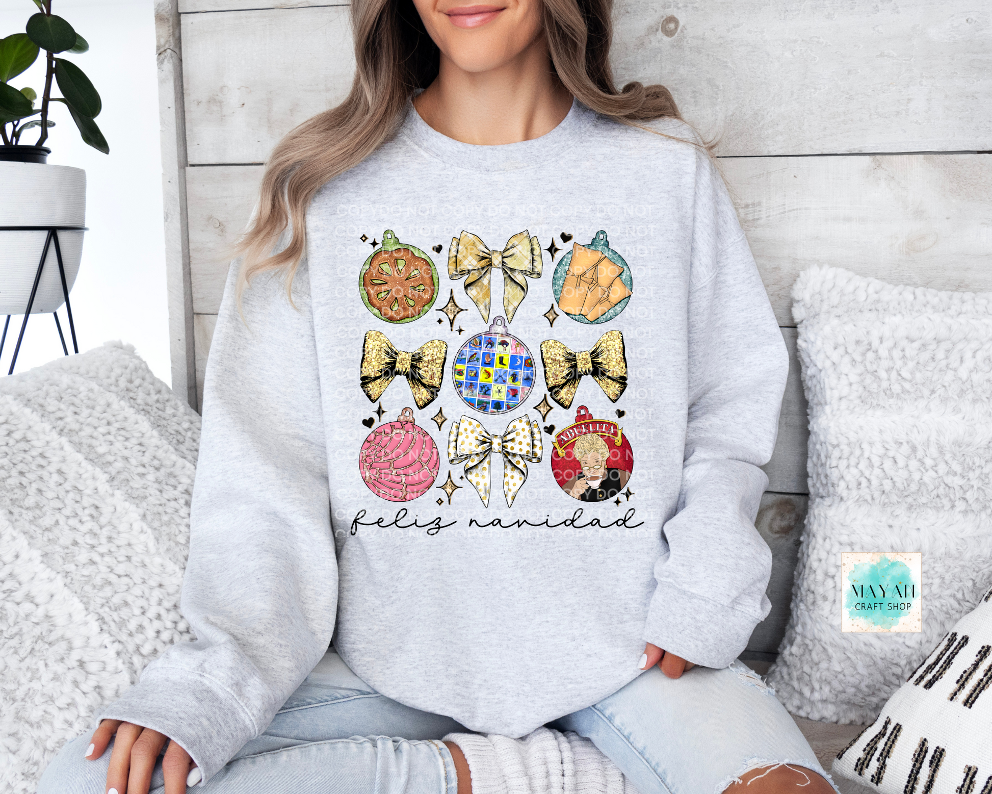 Mexican ornament bows ash grey sweatshirt. -Mayan Craft Shop