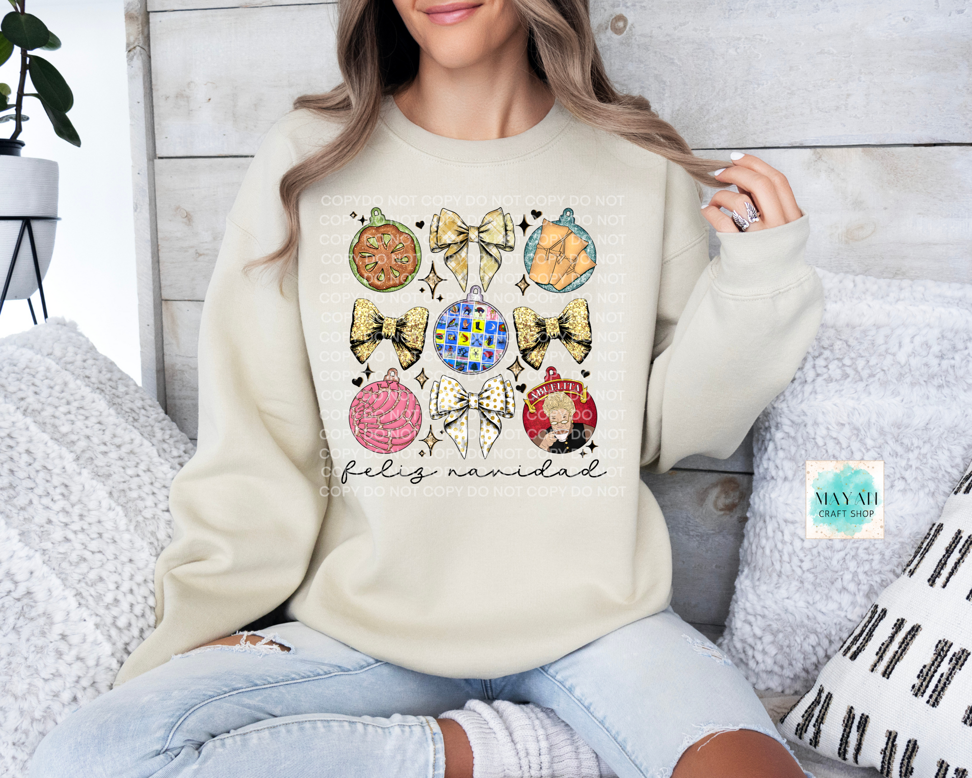 Mexican ornament bows sand sweatshirt. -Mayan Craft Shop