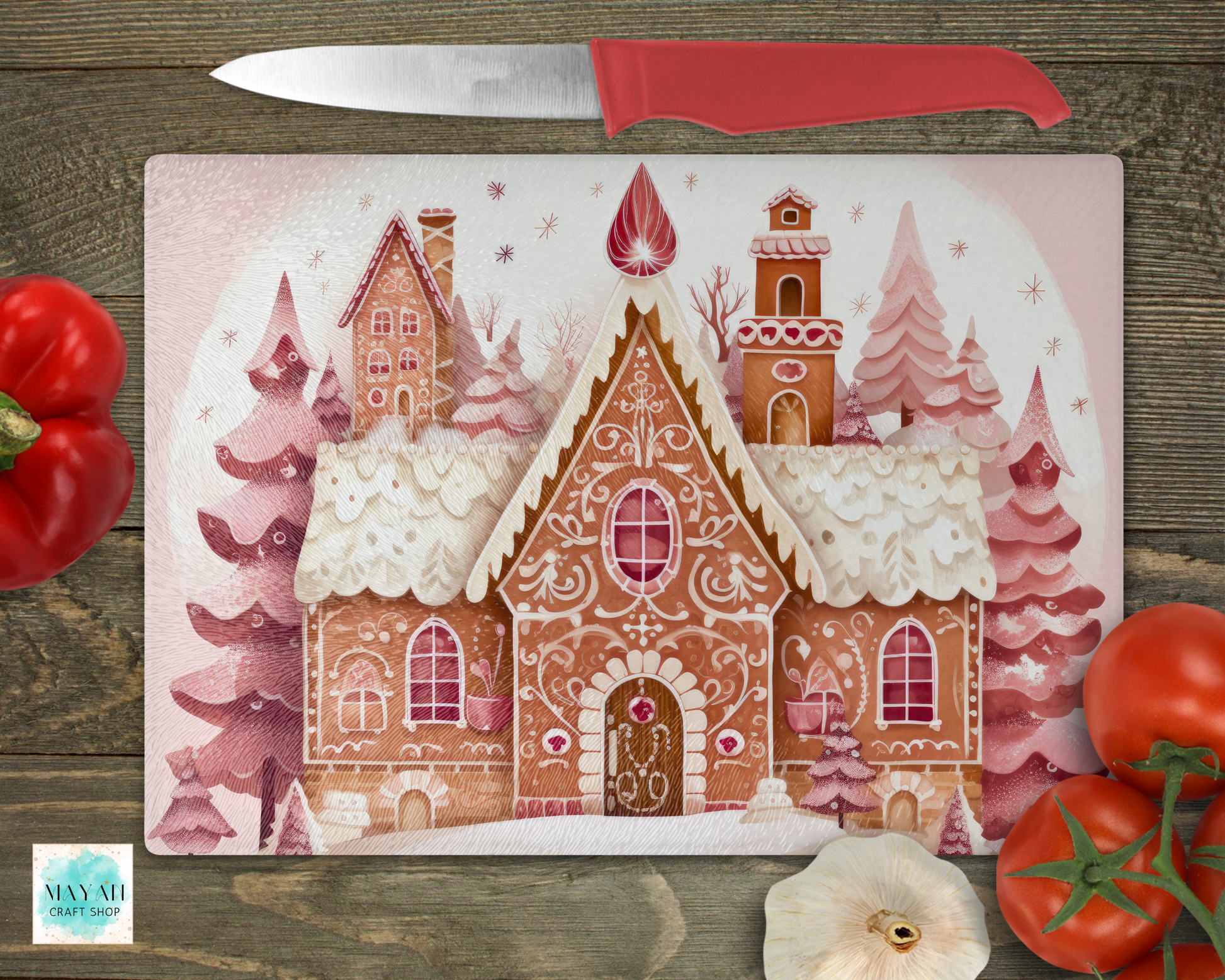 Gingerbread house cutting board. -Mayan Craft Shop