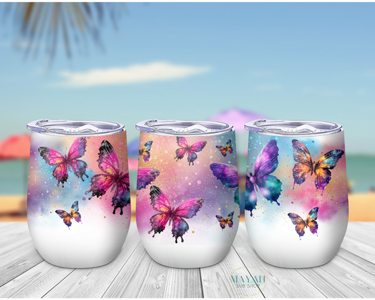 Glitter butterflies wine tumbler. -Mayan Sub Shop