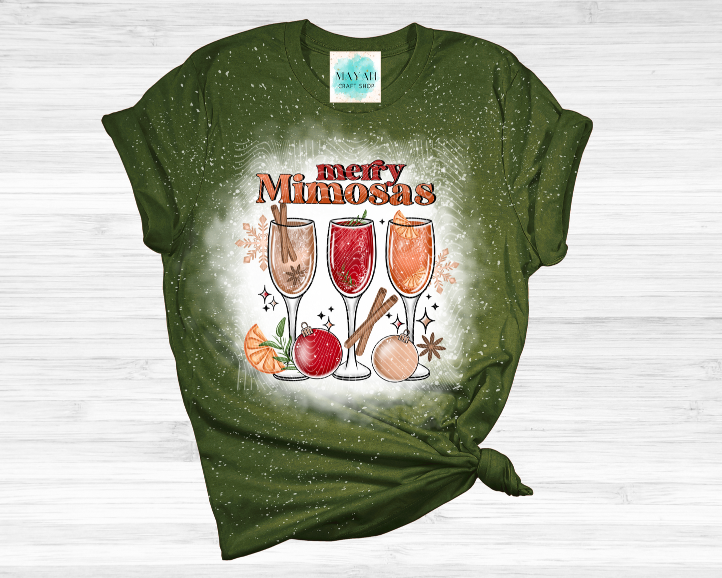 Merry mimosas heather forest green bleached tee. -Mayan Craft Shop