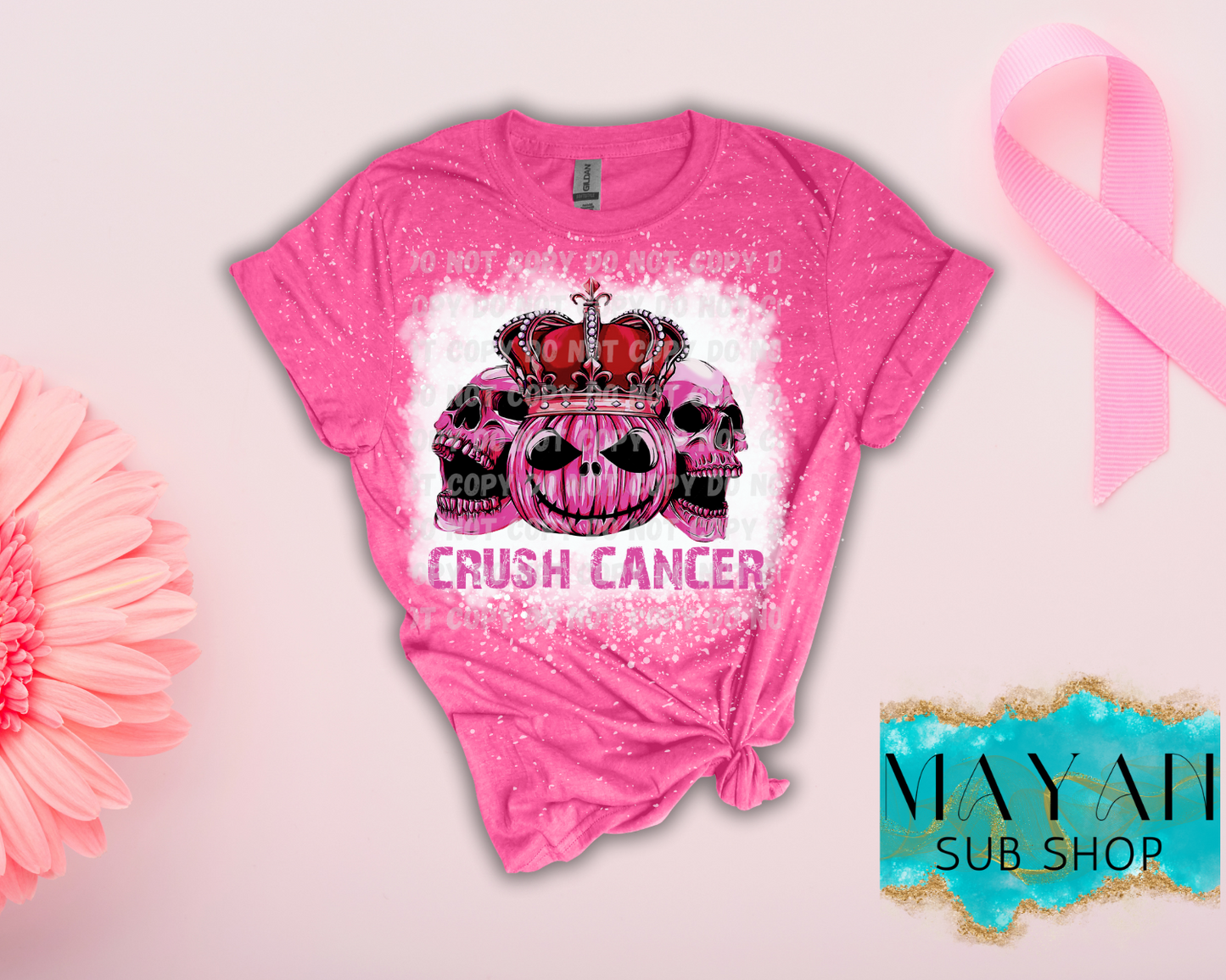 Crush cancer in heather heliconia bleached shirt. -Mayan Sub Shop