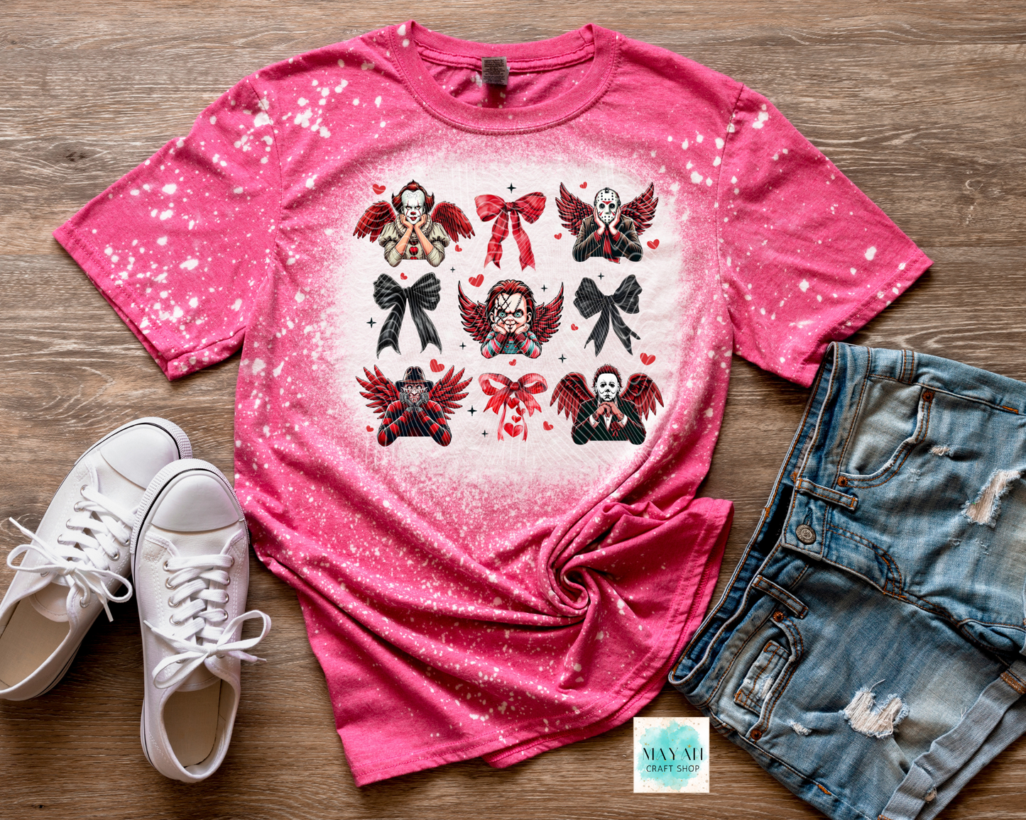 Horror Valentine's coquette heather heliconia bleached tee. -Mayan Craft Shop