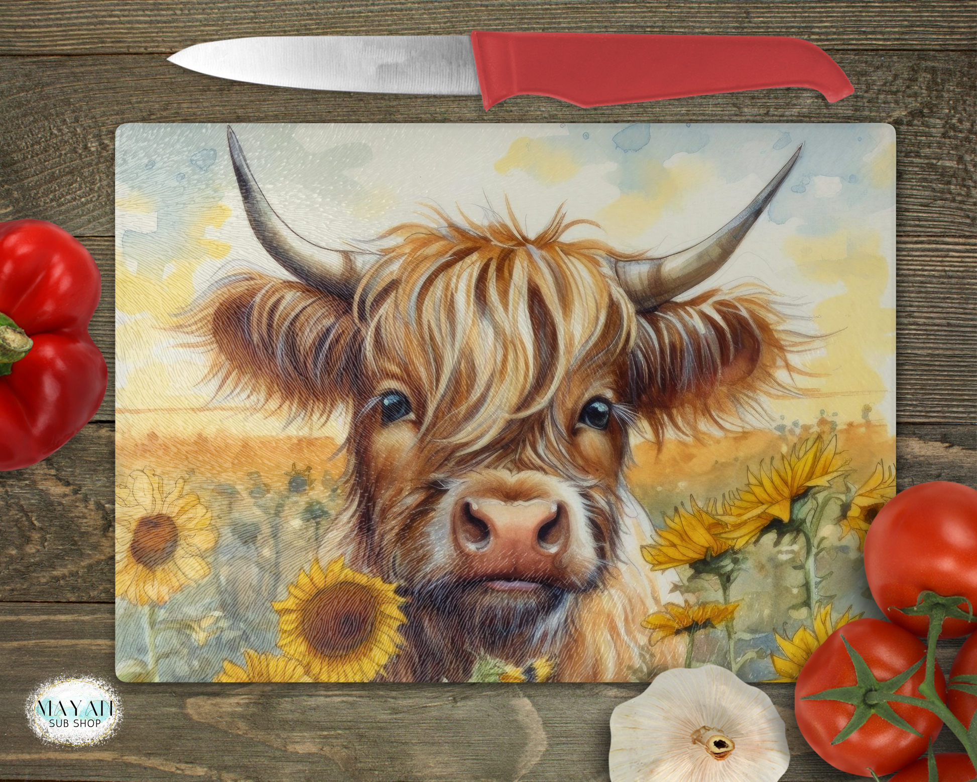 Highland cow cutting board. -Mayan Sub Shop