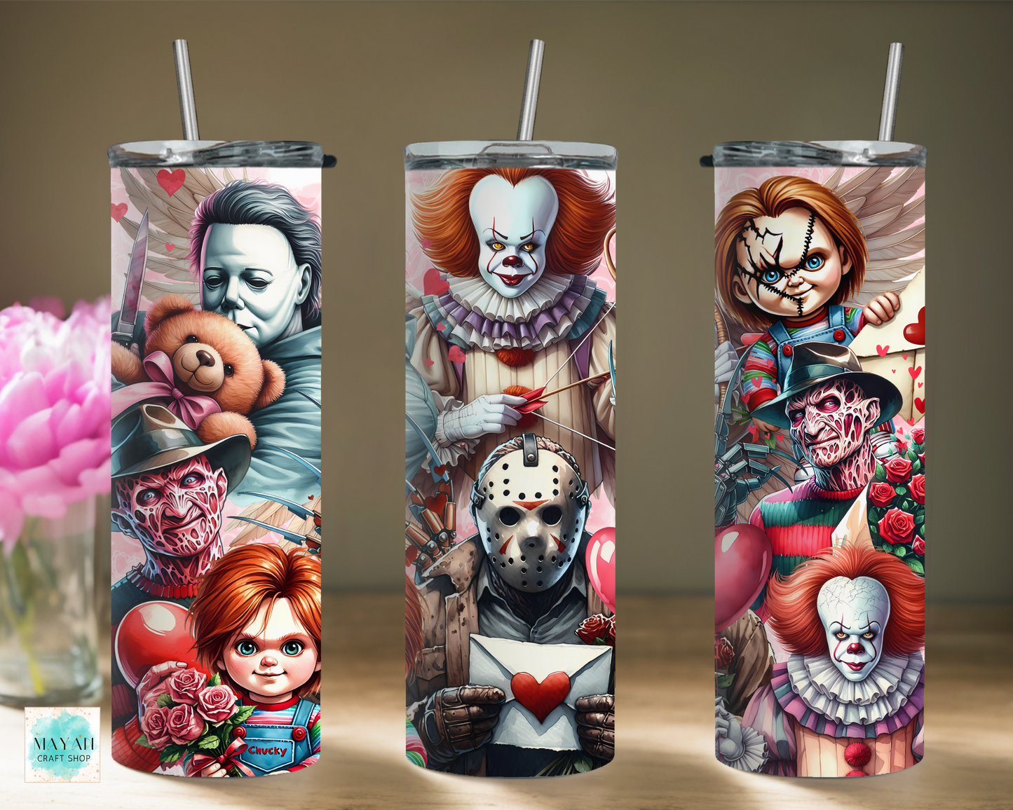 Valentine's horror tumbler. -Mayan Craft Shop