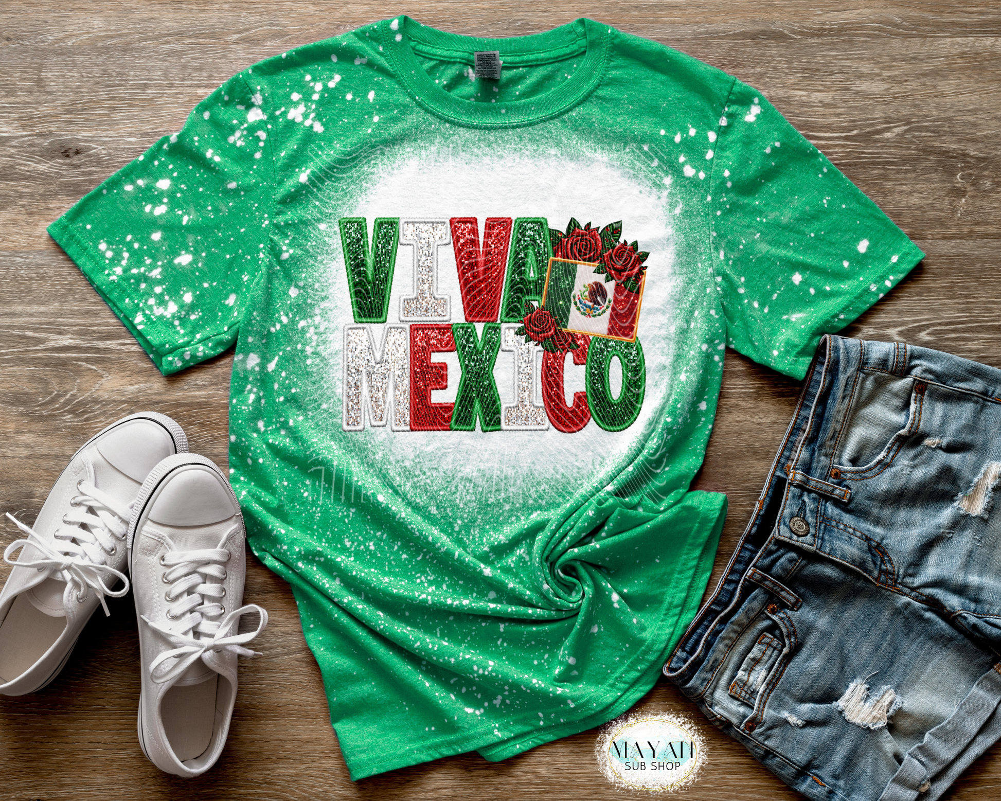 Viva Mexico flag heather irish green bleached tee. -Mayan Sub Shop