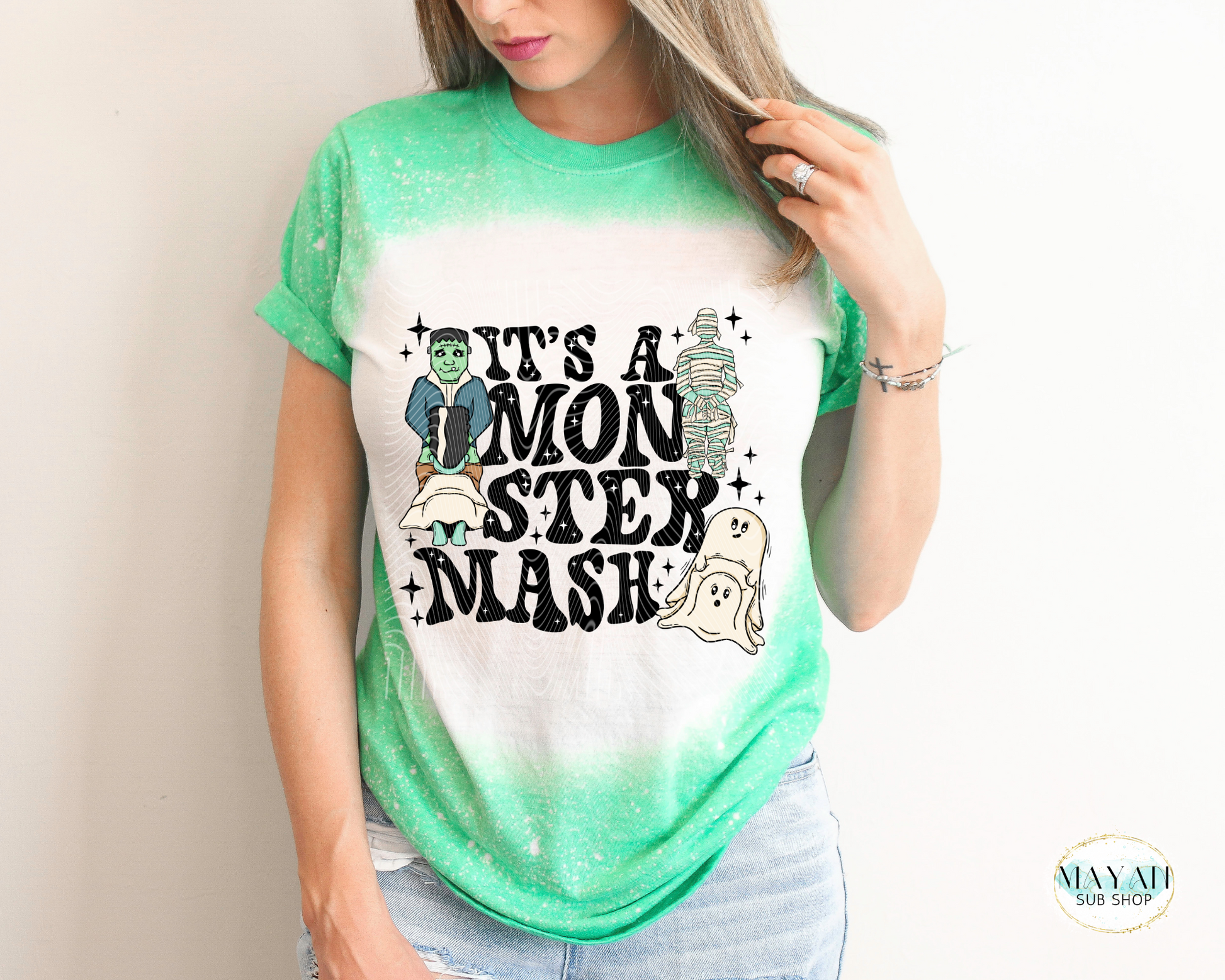 Monster mash heather irish green bleached tee. -Mayan Sub Shop