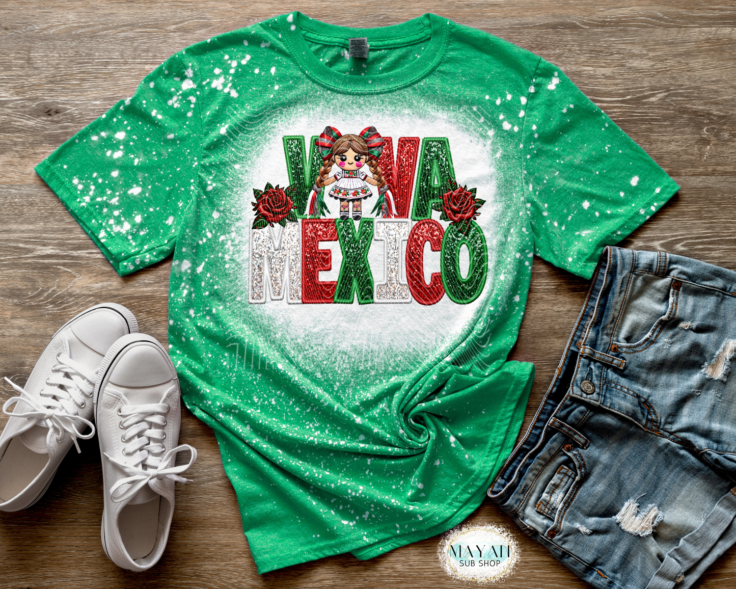 Viva Mexico doll heather irish green bleached tee. -Mayan Sub Shop