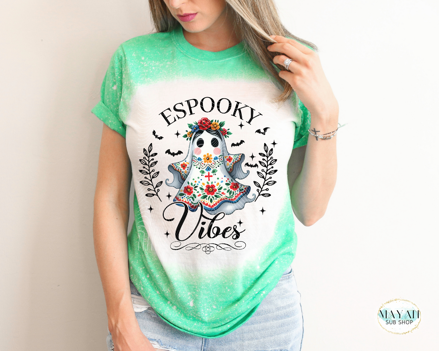 Espooky vibes heather irish green bleached tee. -Mayan Sub Shop