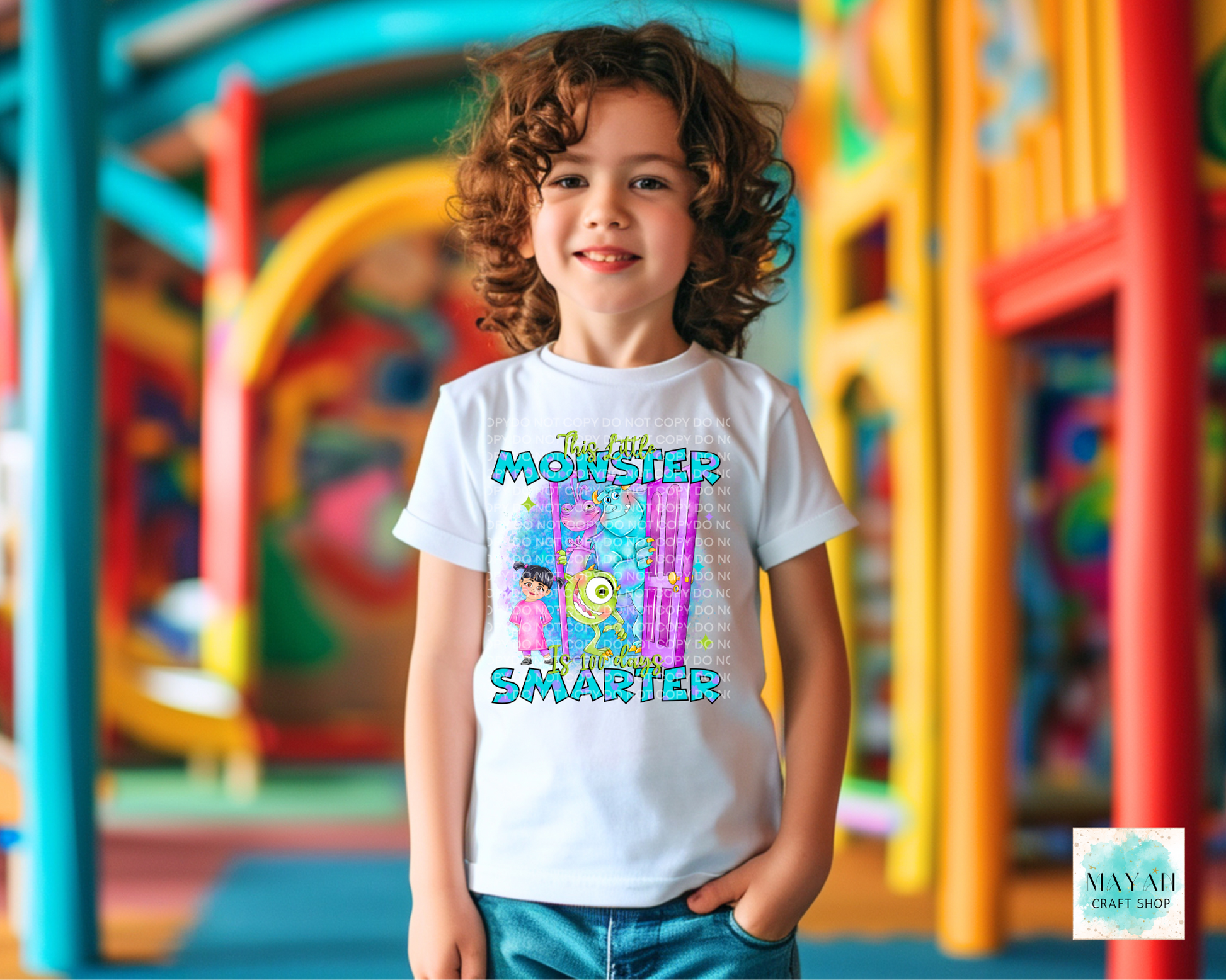 This little monster is 100 days smarter kids white shirt. -Mayan Craft Shop