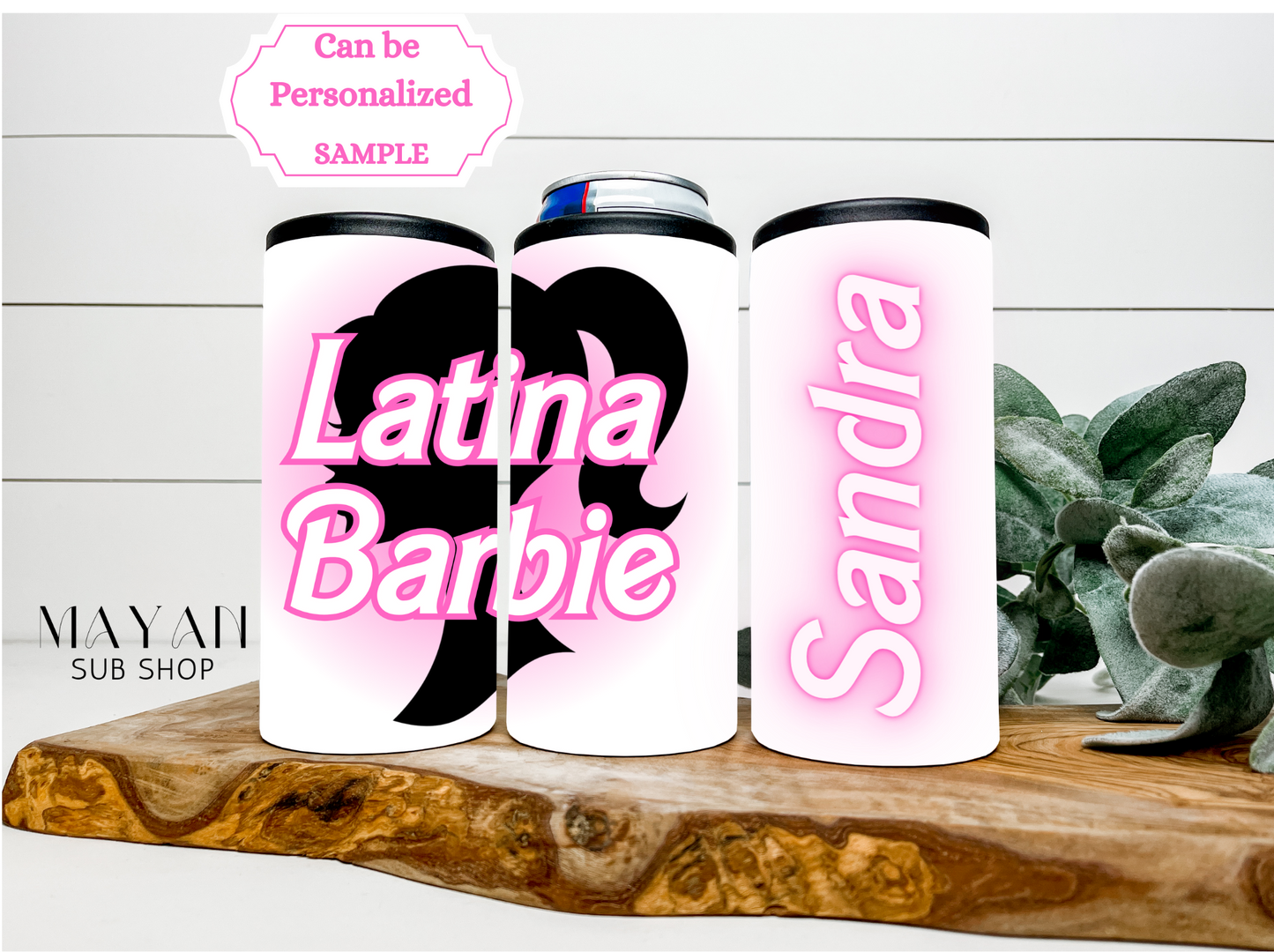 personalized latina barb 4-in1 slim can cooler all sides shown.