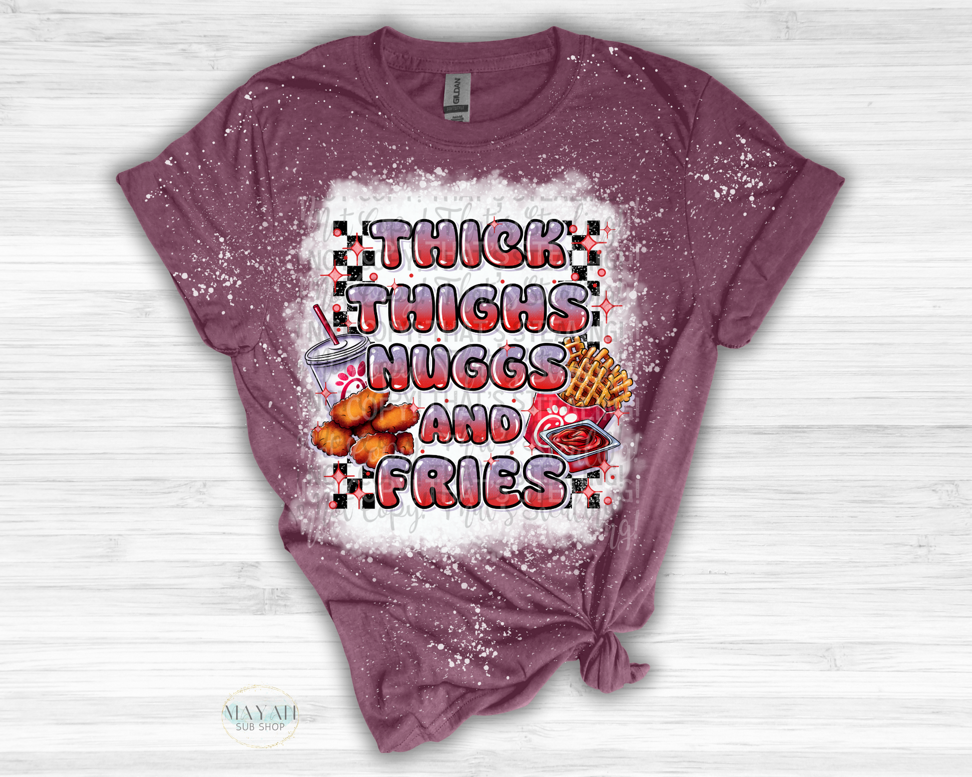 Thick Thighs Nuggs and Fries Bleached Shirt - Mayan Sub Shop