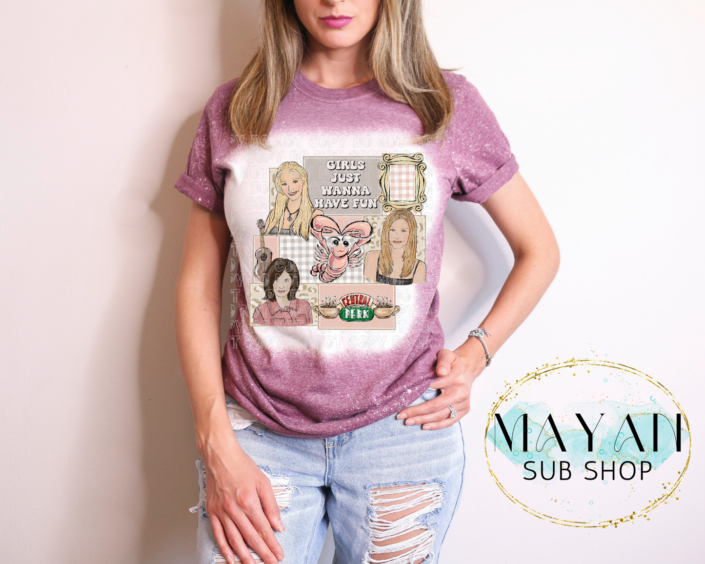 GirldFRIENDS in heather maroon bleached shirt. -Mayan Sub Shop