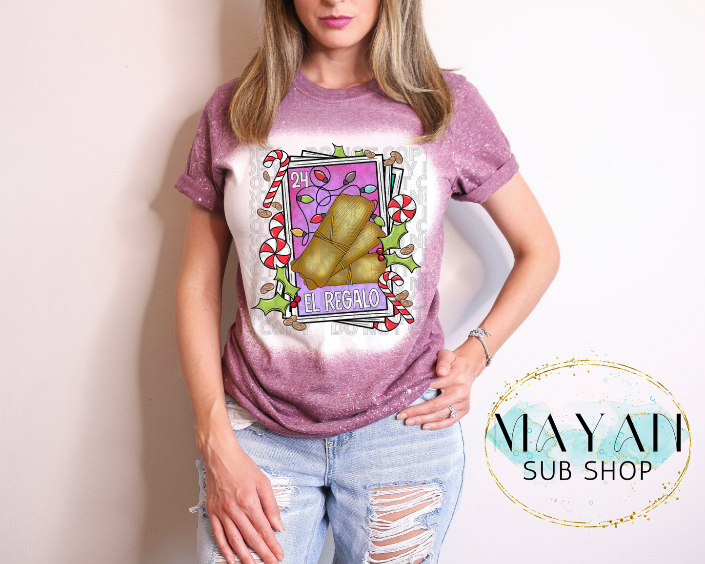 El regalo in heather maroon bleached shirt. -Mayan Sub Shop