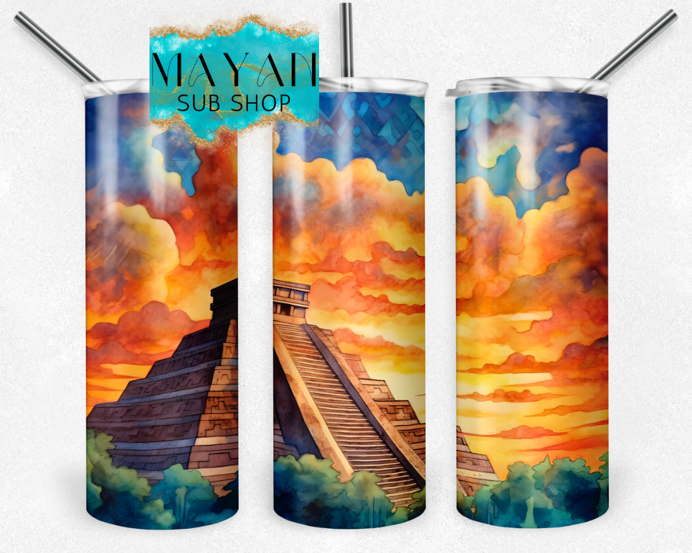 Mayan temple 20 oz. skinny tumbler. -Mayan Sub Shop