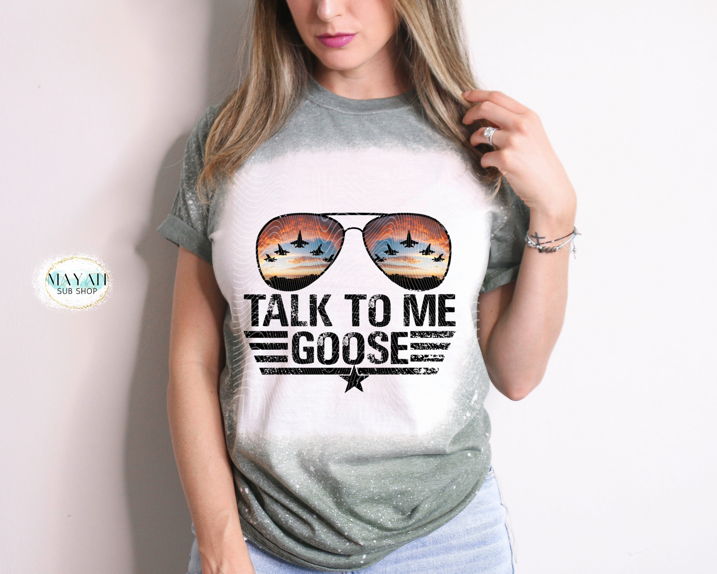 Talk To Me Goose Fighter Jet Glasses Bleached Tee