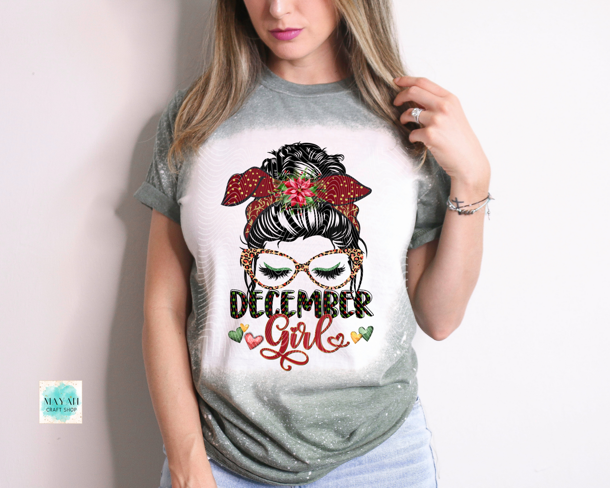 December girl heather military green bleached tee. -Mayan Craft Shop