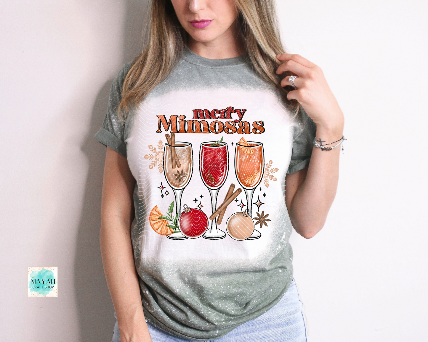 Merry mimosas heather military green bleached tee. -Mayan Craft Shop