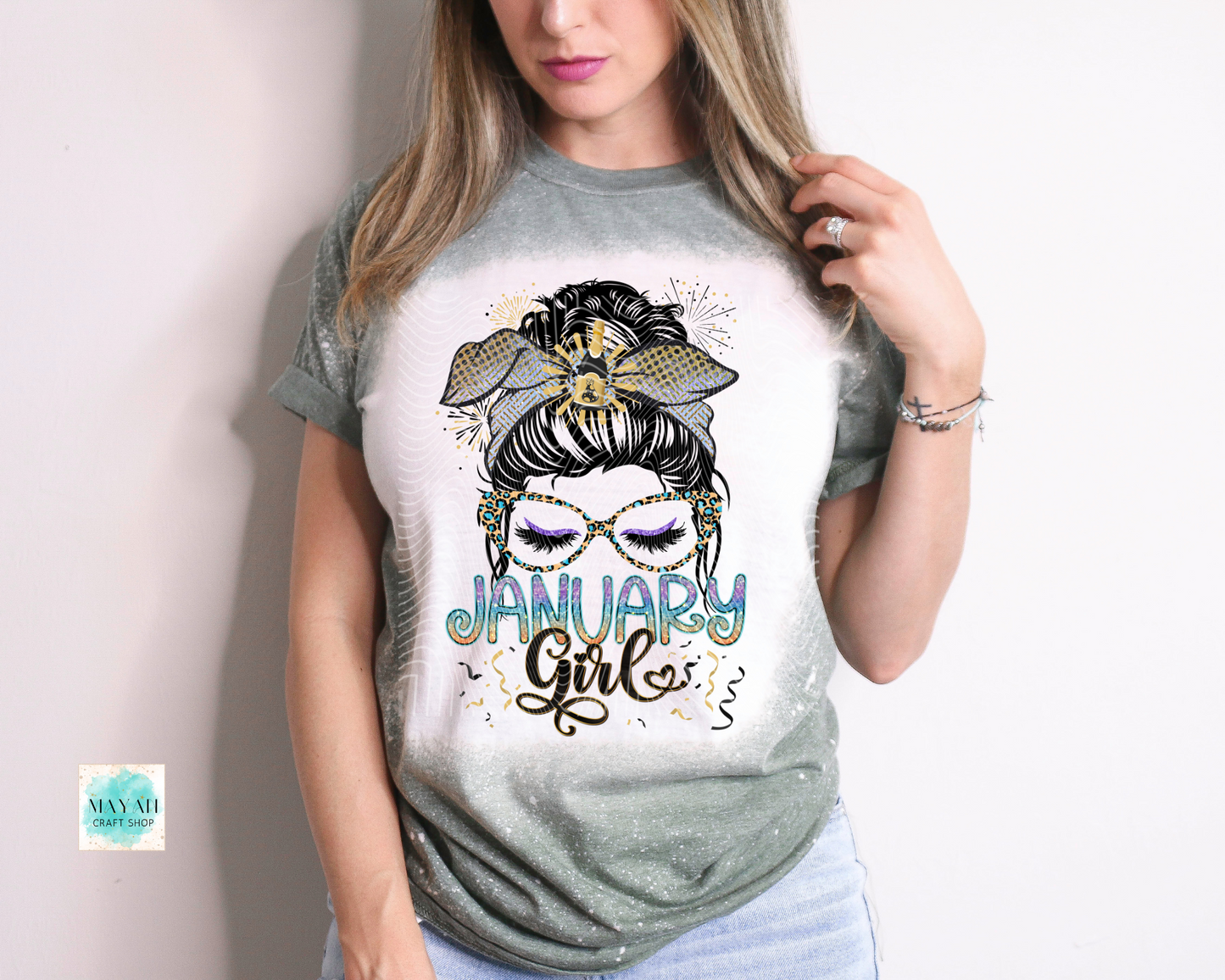 January girl heather military green bleached tee. -Mayan Craft Shop