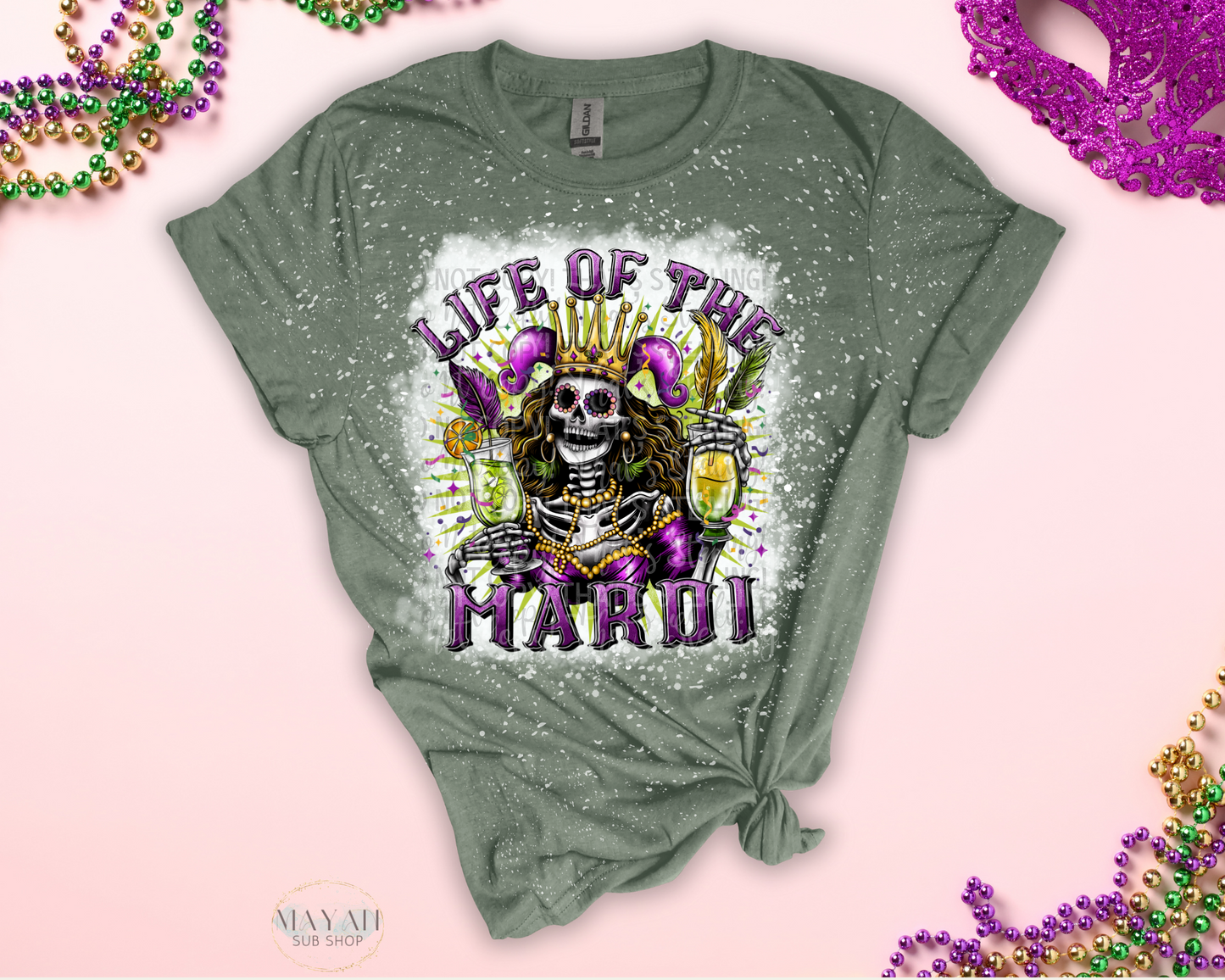 Life of the mardi in heather military green bleached shirt. -Mayan Sub Shop