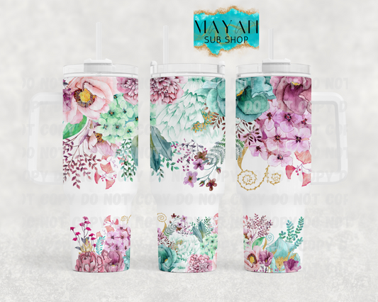 Mint and pink floral 40 oz. tumbler with handle. -Mayan Sub Shop