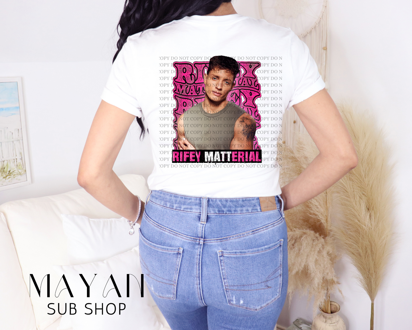 Rifey matterial white shirt back side. - Mayan Sub Shop