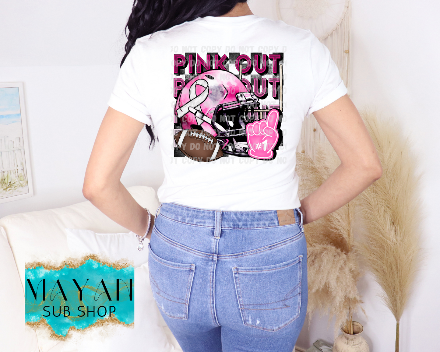 Pink out cancer awareness back of shirt. -Mayan Sub Shop