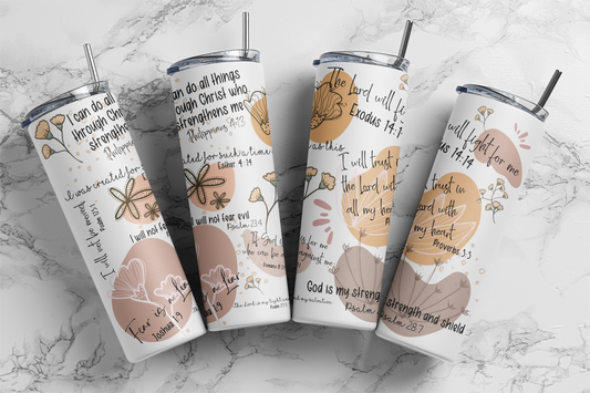 Christian daily affirmations 20 oz. skinny tumbler. Powerful bible verses all around the tumbler.