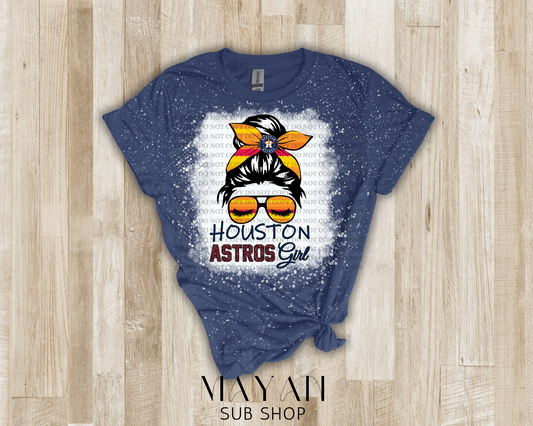 Astros girl messy bun bleached shirt.