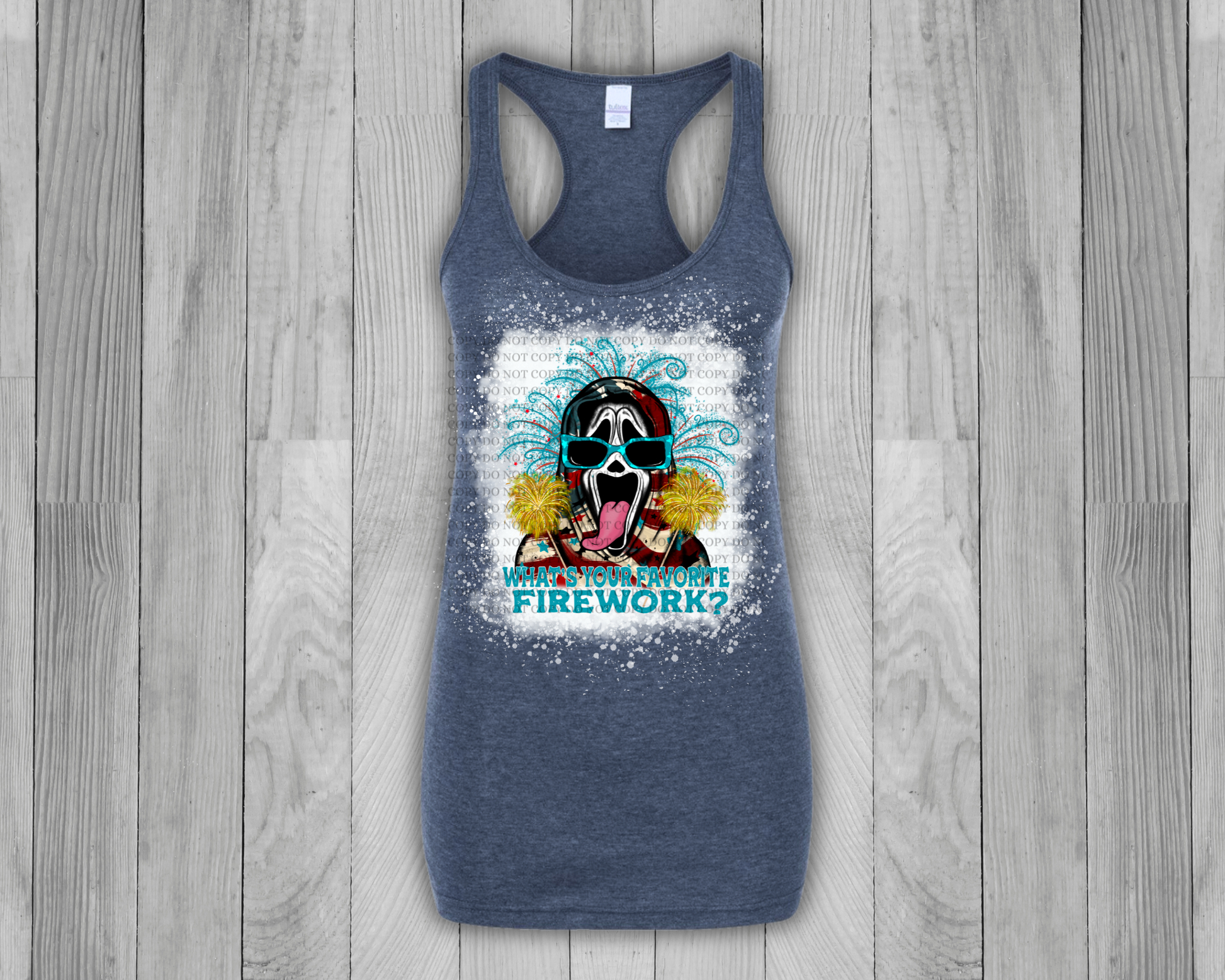Favorite fireworks in heather navy bleached tank top. - Mayan Sub Shop