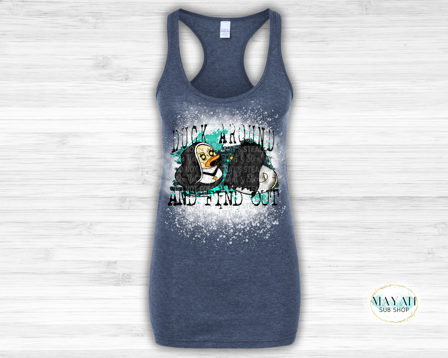 Duck around bleached tank top. -Mayan Sub Shop