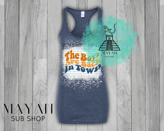 The boys are back in town in heather navy bleached tank top