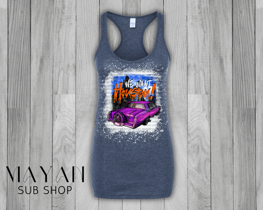 We want Houston in heather navy bleached tank top. - Mayan Sub Shop
