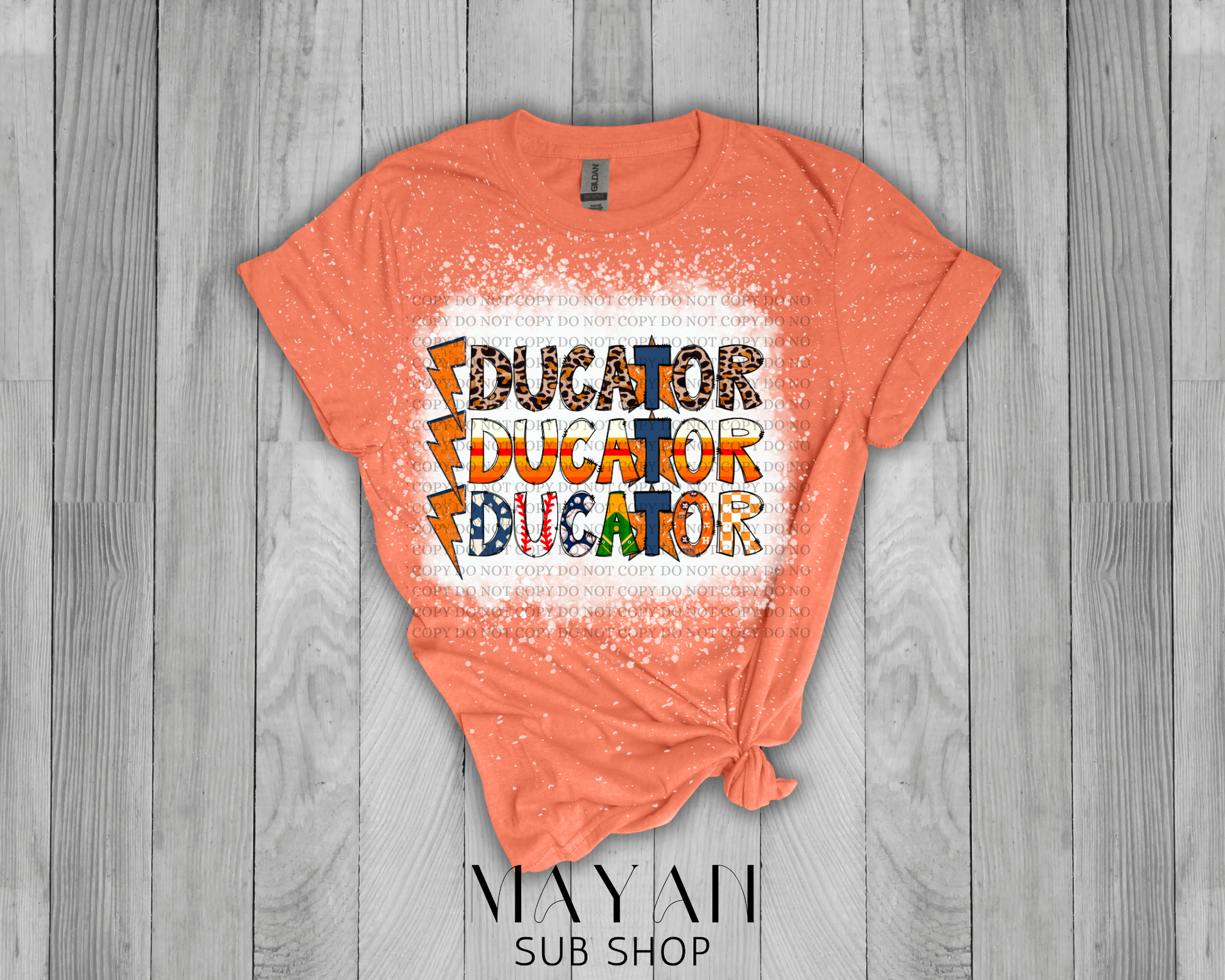 Educator stacked astros in heather orange bleached shirt. - Mayan Sub Shop