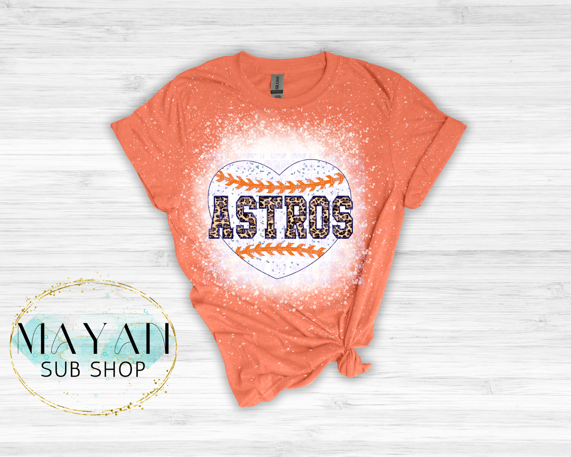 Astros baseball heart in heather orange bleached shirt. -Mayan Sub Shop