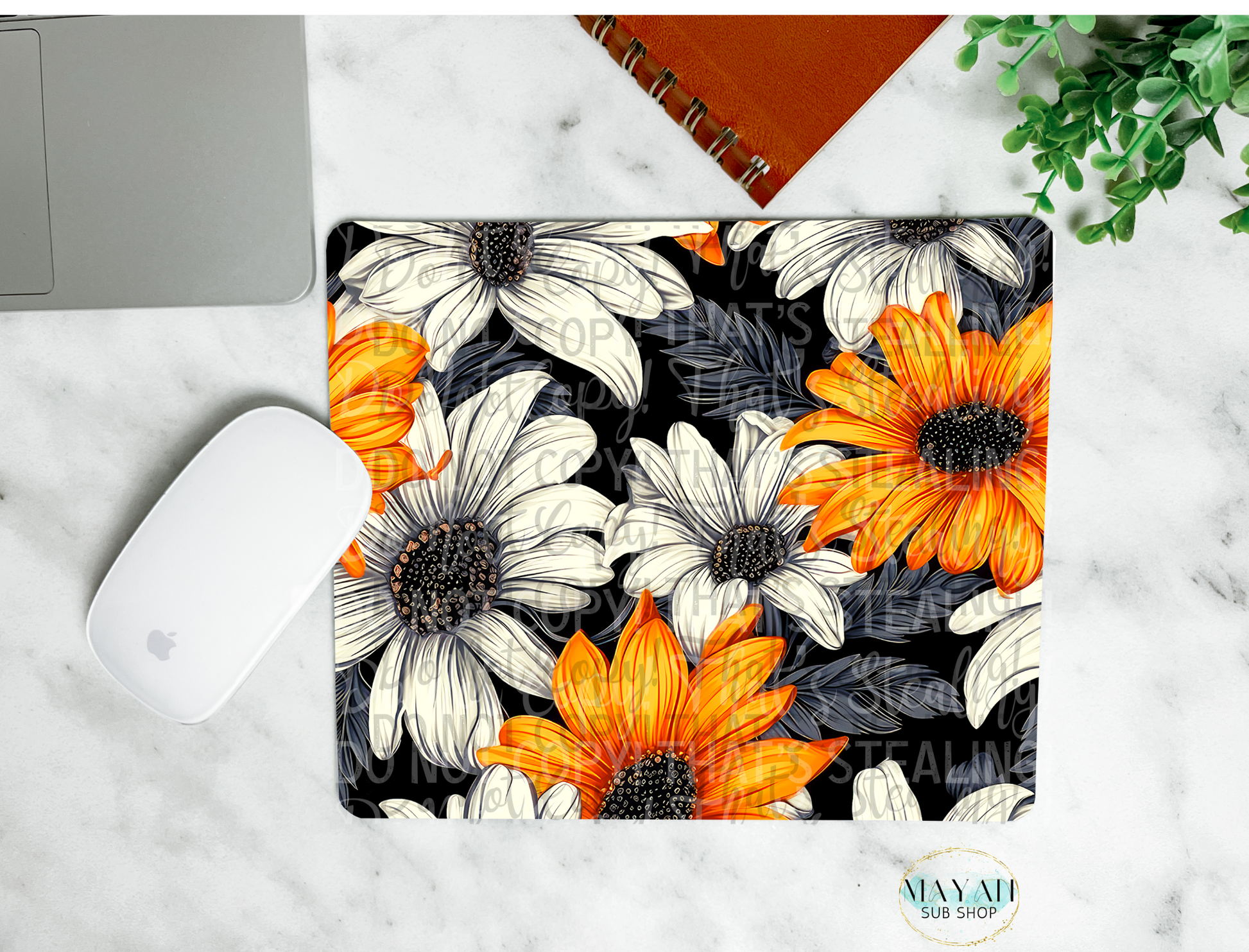 Orange black daisies mouse pad. -Mayan Sub Shop