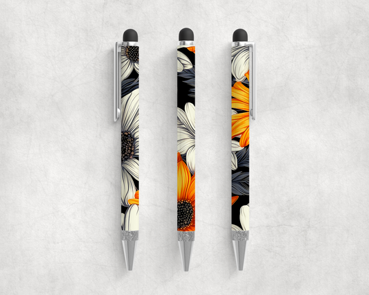 Orange black daisies ballpoint pen. -Mayan Sub Shop