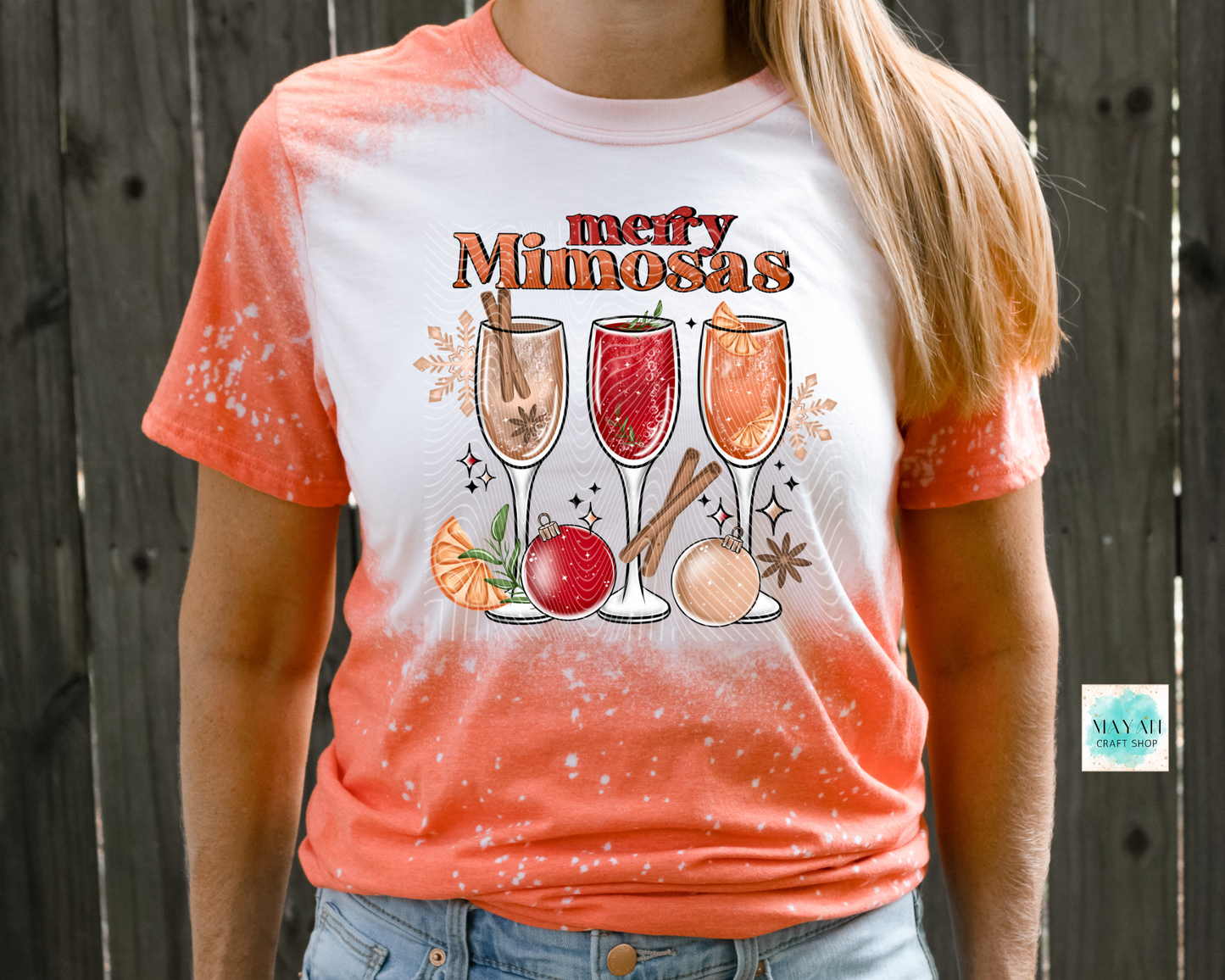 Merry mimosas heather orange bleached tee. -Mayan Craft Shop