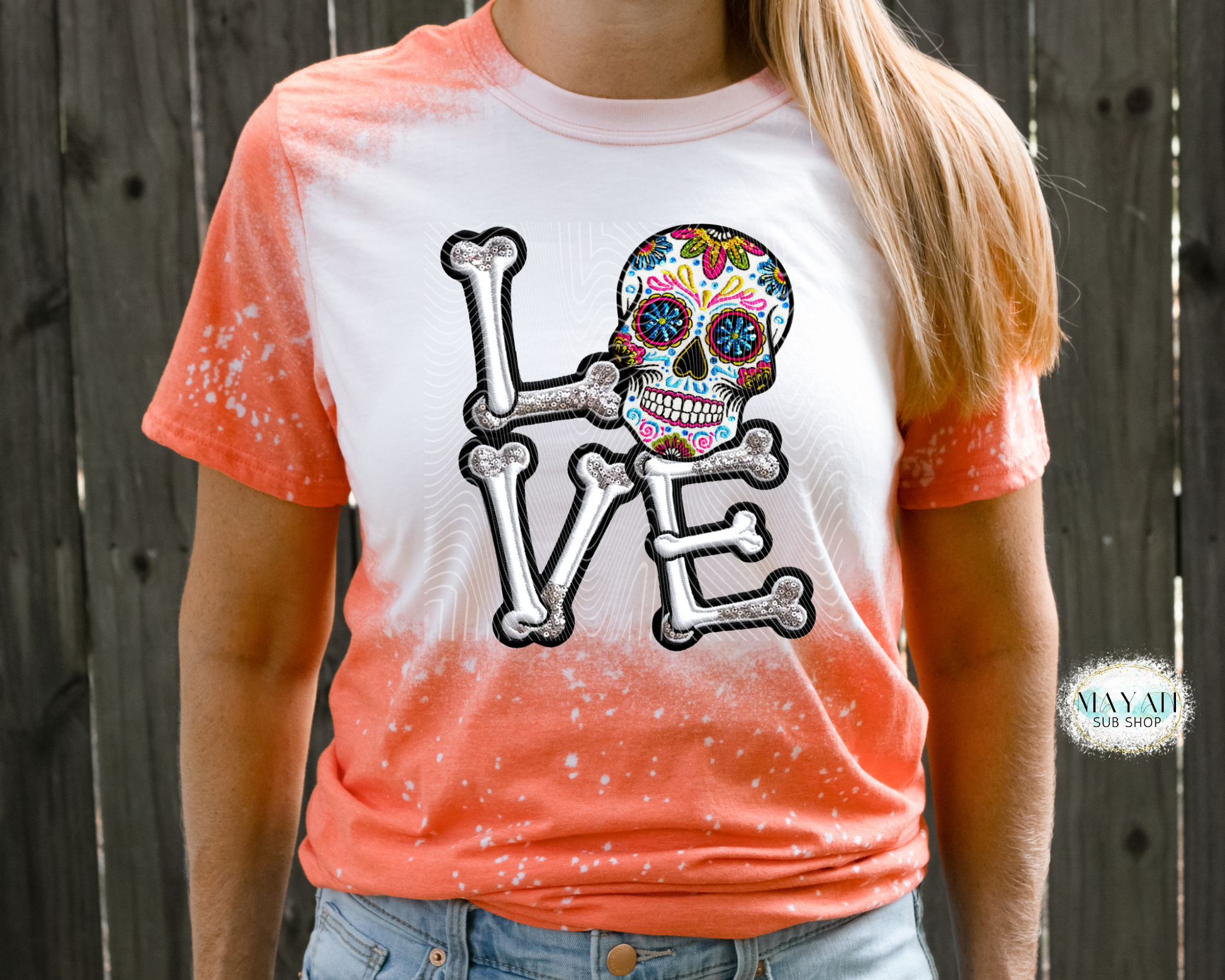 Dia de los muertos love heather orange bleached tee. -Mayan Sub Shop