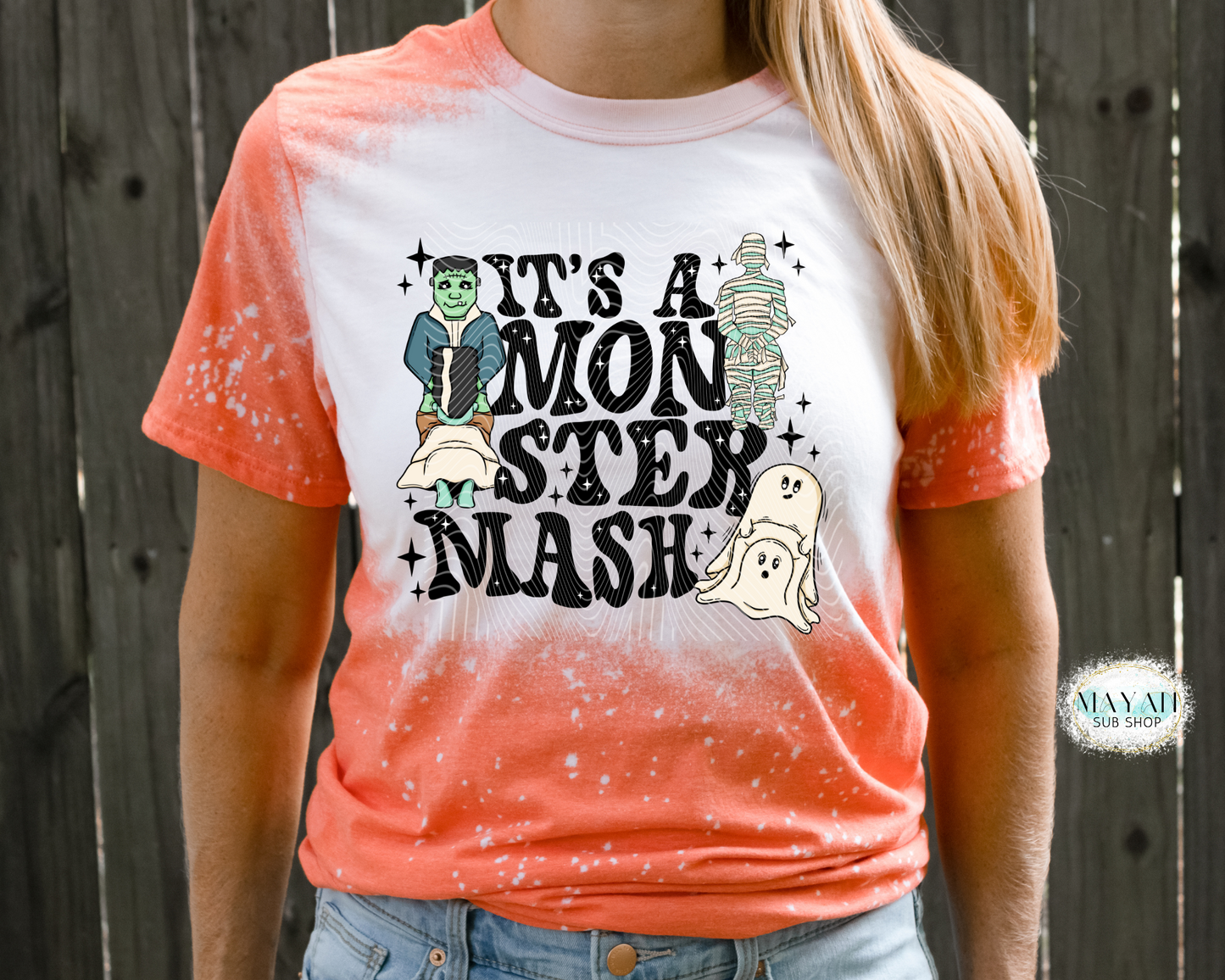 Monster mash heather orange bleached tee. -Mayan Sub Shop